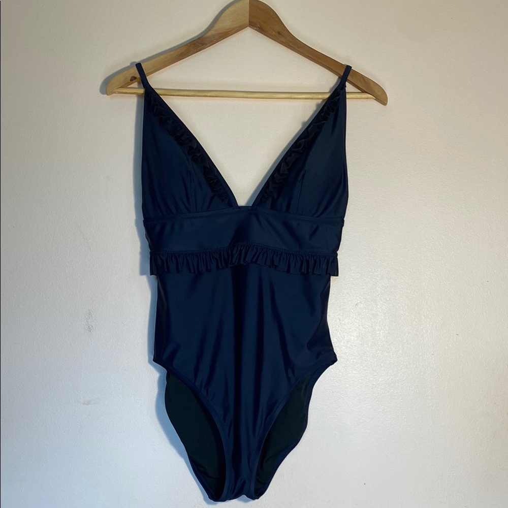 J. Crew Blue One Piece Swimsuit Ruffle Navy Blue Size 10